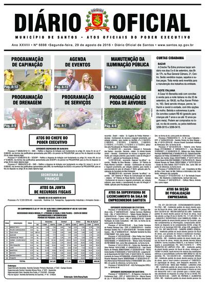 Imagem da primeira página do Diário Oficial de 29/08/2016