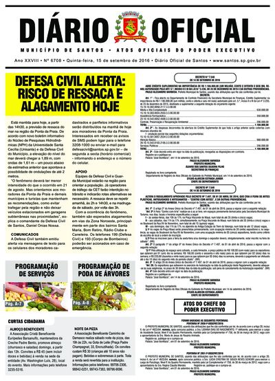 Imagem da primeira página do Diário Oficial de 15/09/2016