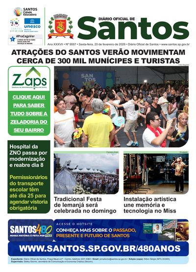 Imagem da primeira página do Diário Oficial de 20/02/2026