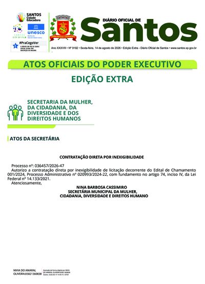 Imagem da primeira página do Diário Oficial de 14/08/2026